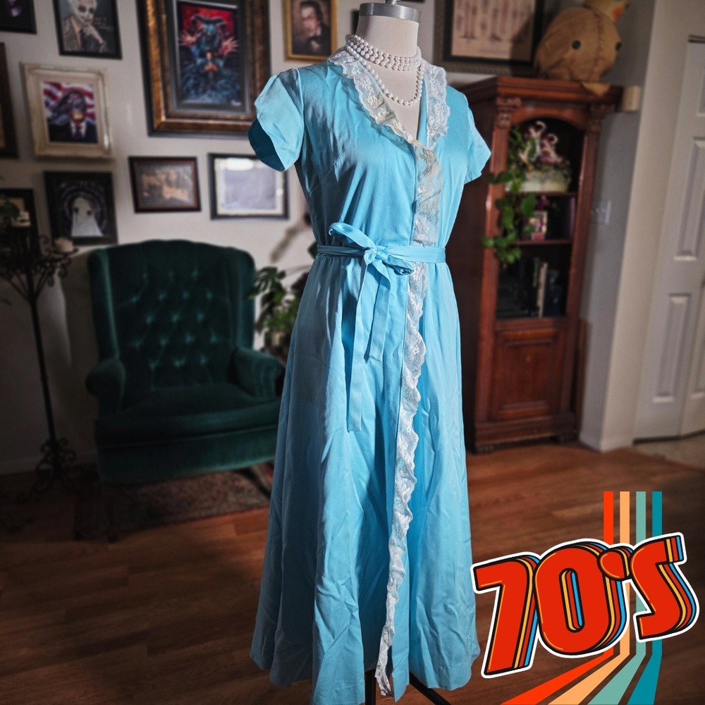Vintage 70s Blue Dress Lace Trim Maxi Short Sleeve Wrap Housecoat Belted